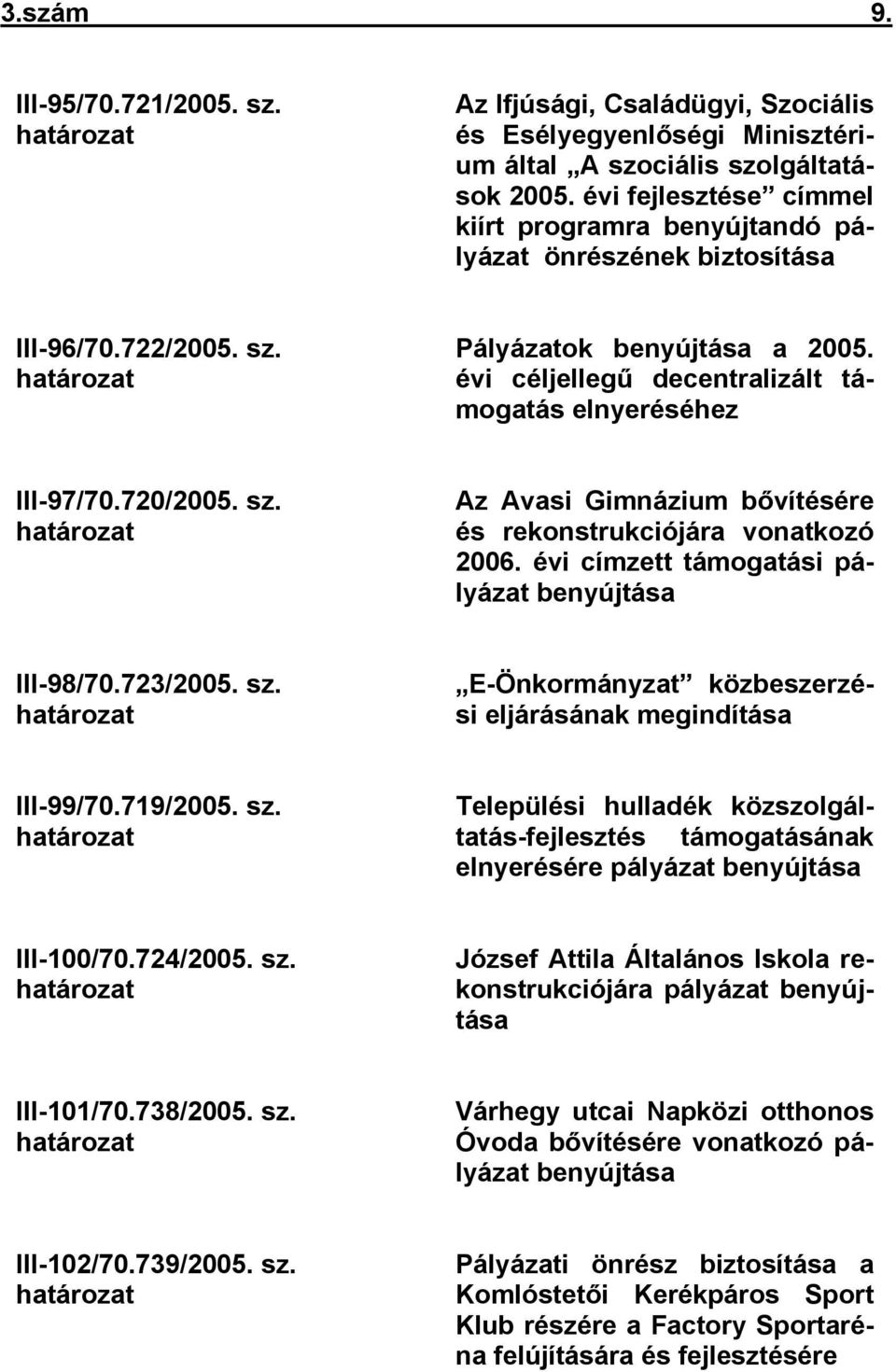 évi céljellegű decentralizált támogatás elnyeréséhez III-97/70.720/2005. sz. határozat Az Avasi Gimnázium bővítésére és rekonstrukciójára vonatkozó 2006.