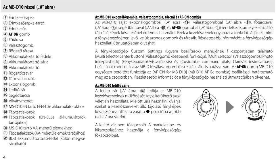 9 Tápcsatlakozók (EN-EL3e akkumulátorok tartójához) @0 MS-D10 tartó AA-méretű elemekhez @1 Tápcsatlakozók (AA-méretű elemek tartójához) @2 BL-3 akkumulátortartó-fedél (külön megvásárolható) Az MB-D10