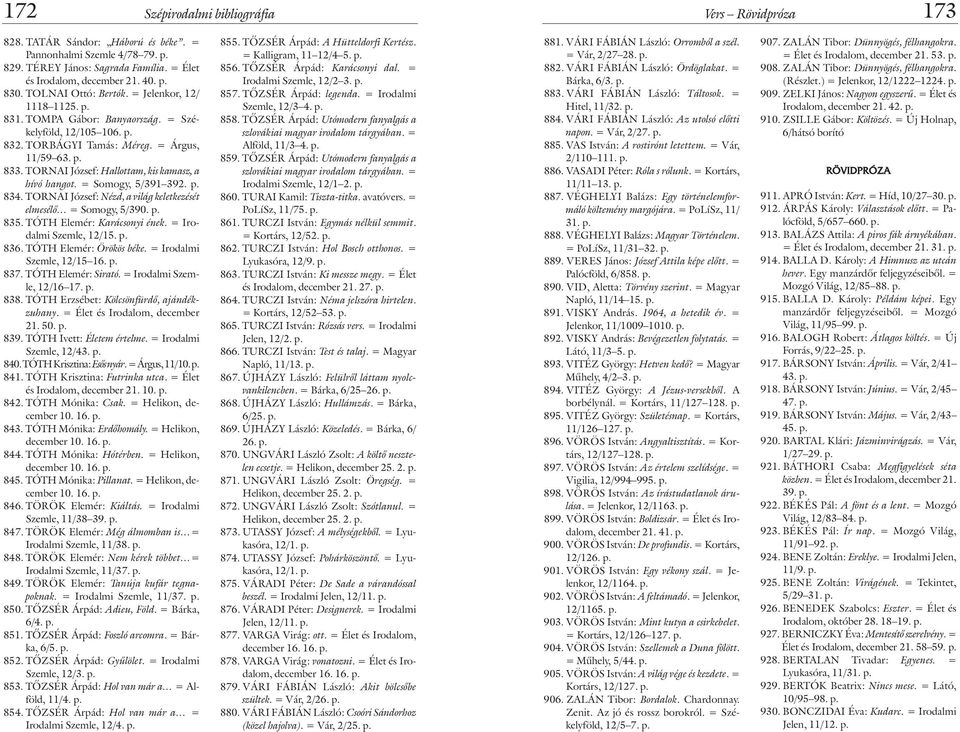 = Somogy, 5/391 392. p. 834. TORNAI József: Nézd, a világ keletkezését elmesélõ = Somogy, 5/390. p. 835. TÓTH Elemér: Karácsonyi ének. = Irodalmi Szemle, 12/15. p. 836. TÓTH Elemér: Örökös béke.