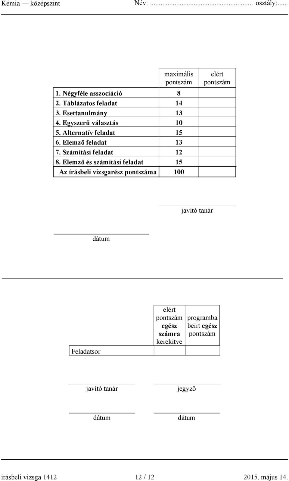 Elemző és számítási feladat 15 Az írásbeli vizsgarész pontszáma 100 elért pontszám javító tanár dátum