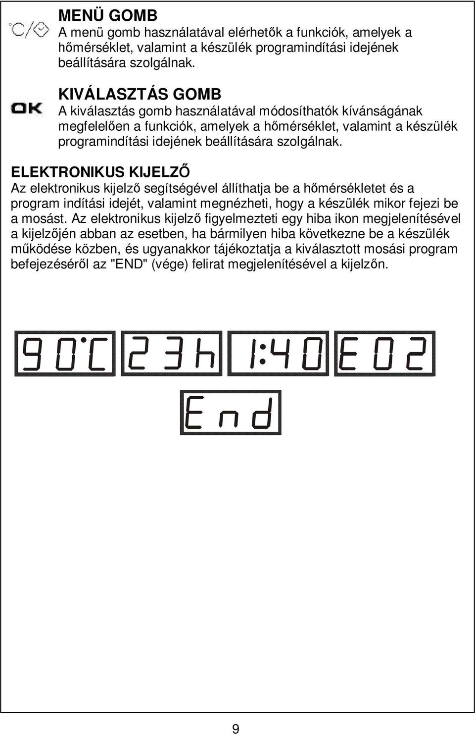 ELEKTRONIKUS KIJELZ Az elektronikus kijelz segítségével állíthatja be a hmérsékletet és a program indítási idejét, valamint megnézheti, hogy a készülék mikor fejezi be a mosást.