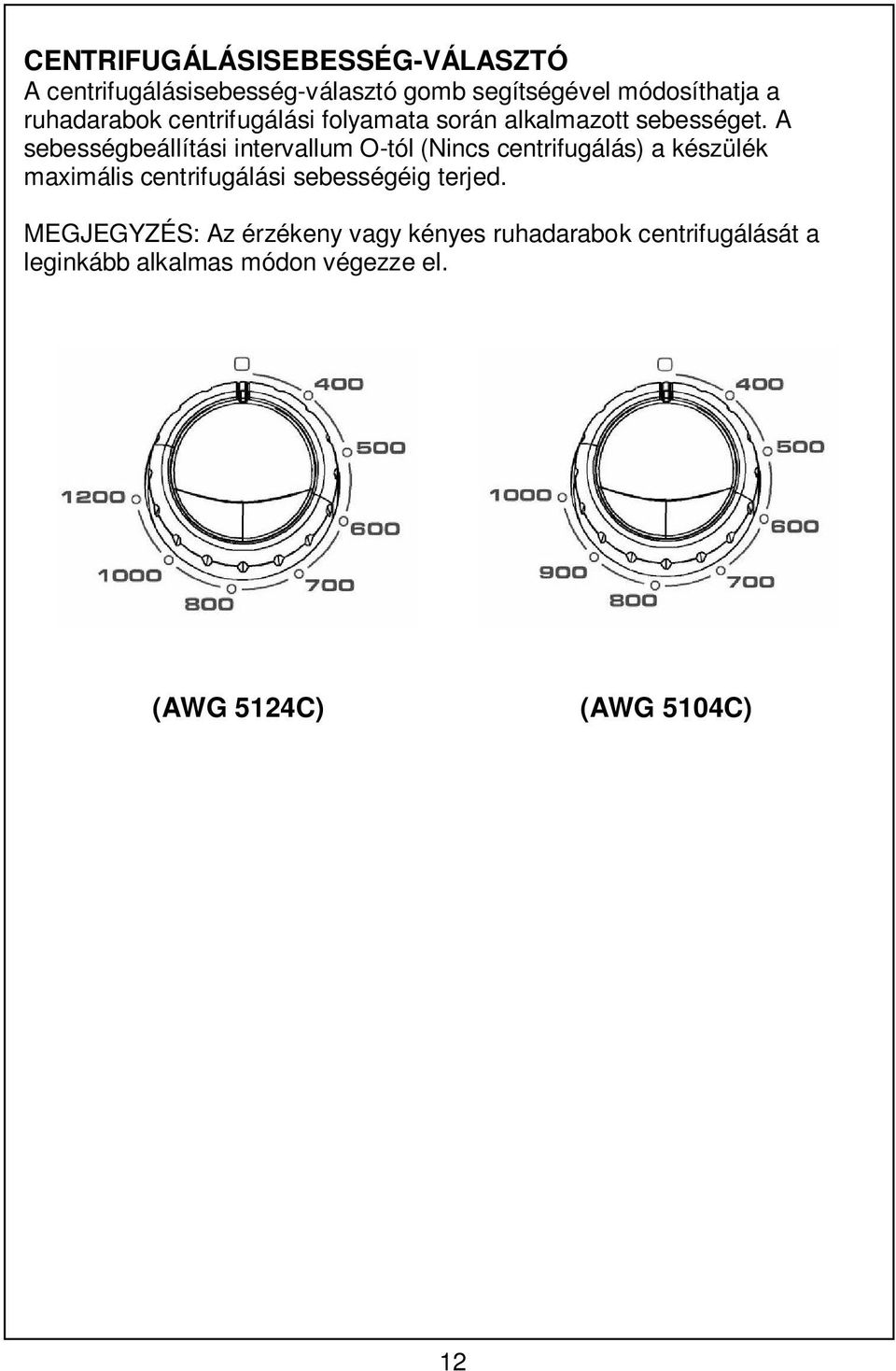 A sebességbeállítási intervallum O-tól (Nincs centrifugálás) a készülék maximális centrifugálási