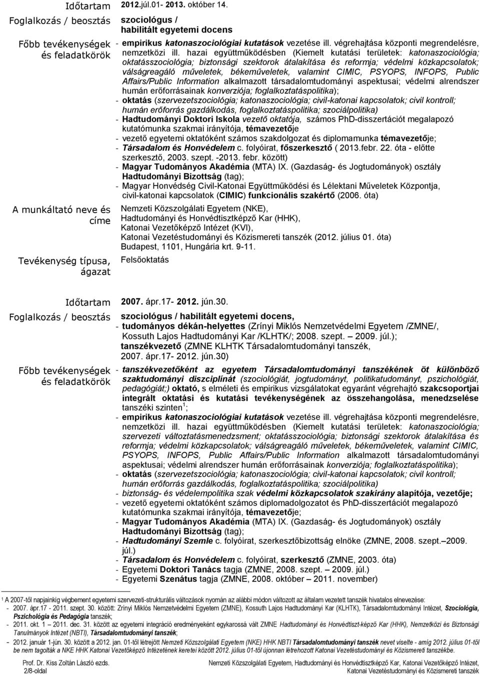 békeműveletek, valamint CIMIC, PSYOPS, INFOPS, Public Affairs/Public Information alkalmazott társadalomtudományi aspektusai; védelmi alrendszer humán erőforrásainak konverziója;