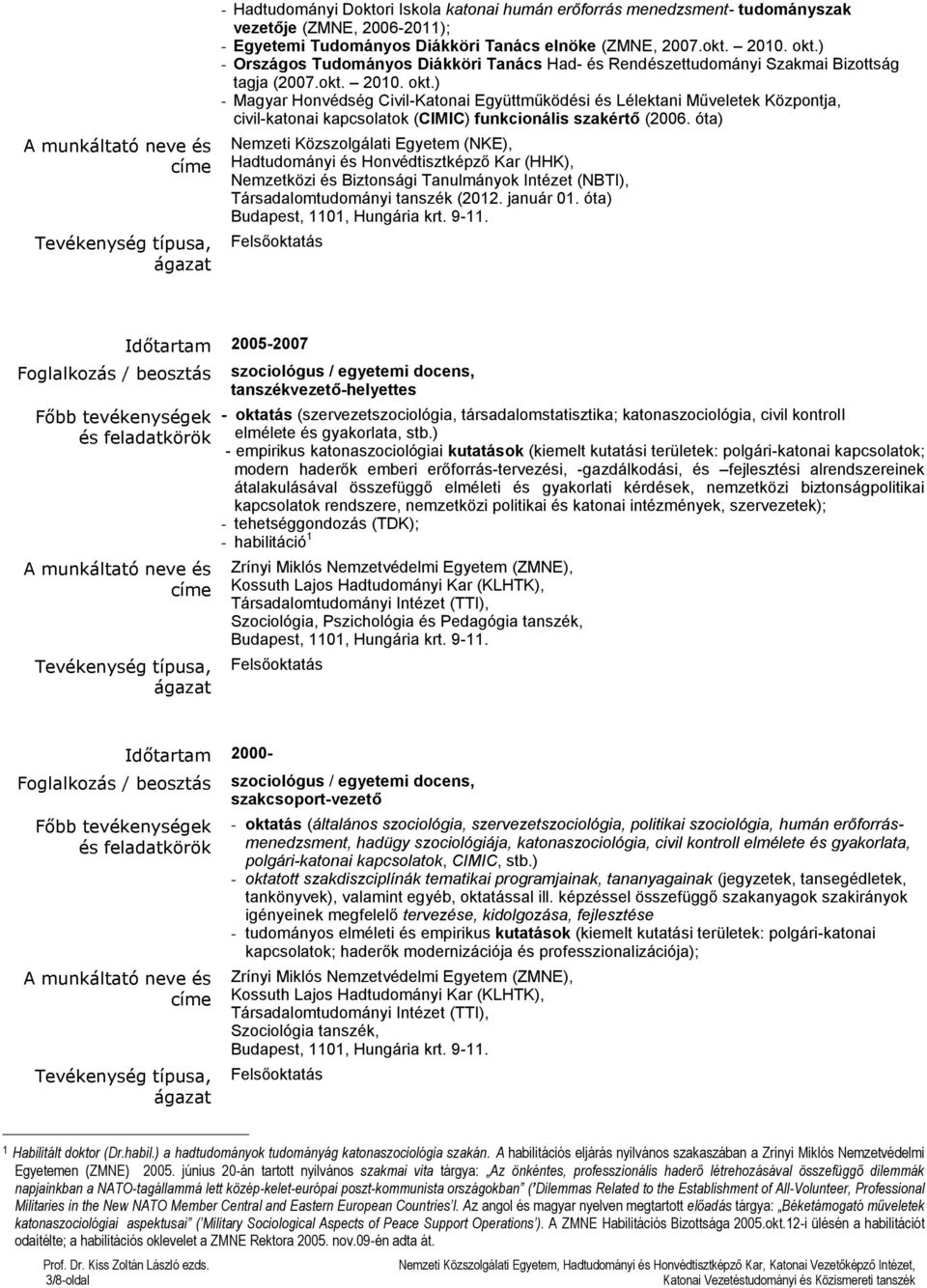 ) - Magyar Honvédség Civil-Katonai Együttműködési és Lélektani Műveletek Központja, civil-katonai kapcsolatok (CIMIC) funkcionális szakértő (2006.