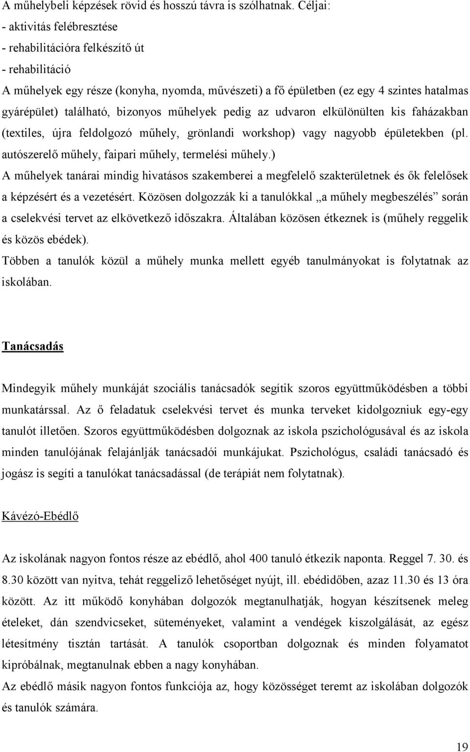 bizonyos mőhelyek pedig az udvaron elkülönülten kis faházakban (textiles, újra feldolgozó mőhely, grönlandi workshop) vagy nagyobb épületekben (pl.