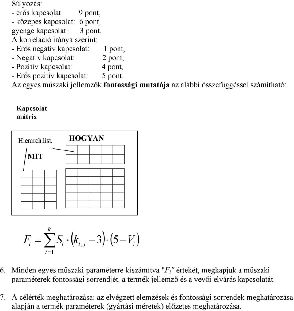 Az egyes műszaki jellemzők fontossági mutatója az alábbi összefüggéssel számítható: Kapcsolat mátrix Hierarch.list. HOGYAN MIT F i k = S i= 1 i ( k 3) ( 5 V ) i, j i 6.