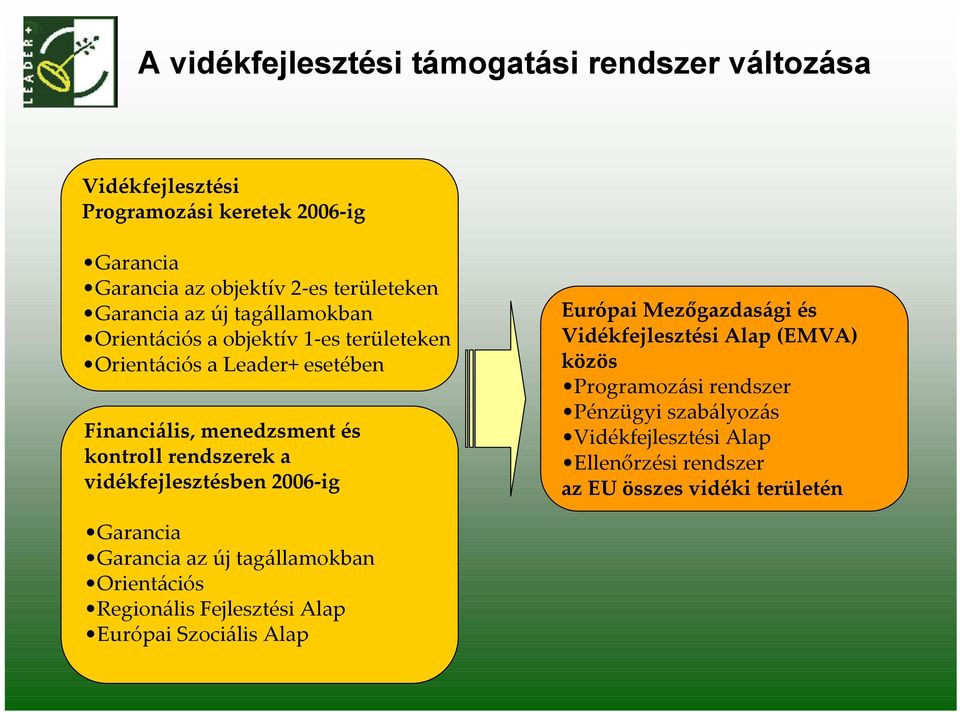 a vidékfejlesztésben 2006-ig Európai Mezőgazdasági és Vidékfejlesztési Alap (EMVA) közös Programozási rendszer Pénzügyi szabályozás Vidékfejlesztési