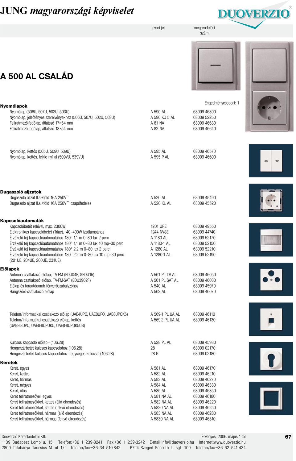 539VU) A 595 P AL 63009 46600 Dugaszoló aljzat II.s.+föld 16A 250V~ A 520 AL 63009 45490 Dugaszoló aljzat II.s.+föld 16A 250V~ csapófedeles A 520 KL AL 63009 45520 Kapcsolóautomaták Kapcsolóbetét relével, max.