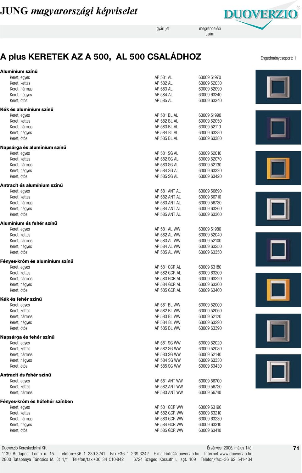 négyes AP 584 BL AL 63009 63280 Keret, ötös AP 585 BL AL 63009 63380 Napsárga és alumínium színű Keret, egyes AP 581 SG AL 63009 52010 Keret, kettes AP 582 SG AL 63009 52070 Keret, hármas AP 583 SG