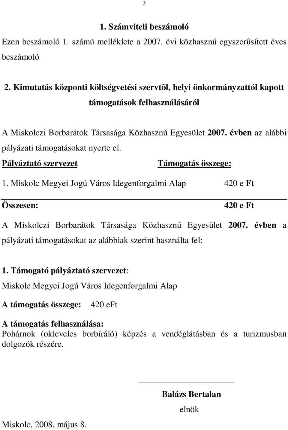 évben az alábbi pályázati támogatásokat nyerte el. Pályáztató szervezet Támogatás összege: 1.