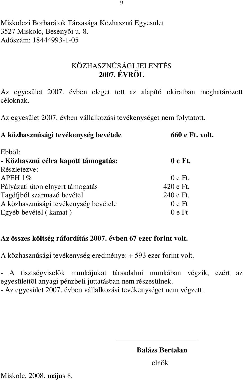 Ebbõl: - Közhasznú célra kapott támogatás: 0 e Ft. Részletezve: APEH 1% 0 e Ft. Pályázati úton elnyert támogatás 420 e Ft. Tagdíjból származó bevétel 240 e Ft.