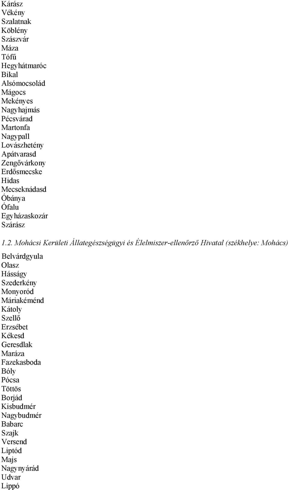 Mohácsi Kerületi Állategészségügyi és Élelmiszer-ellenőrző Hivatal (székhelye: Mohács) Belvárdgyula Olasz Hásságy Szederkény Monyoród