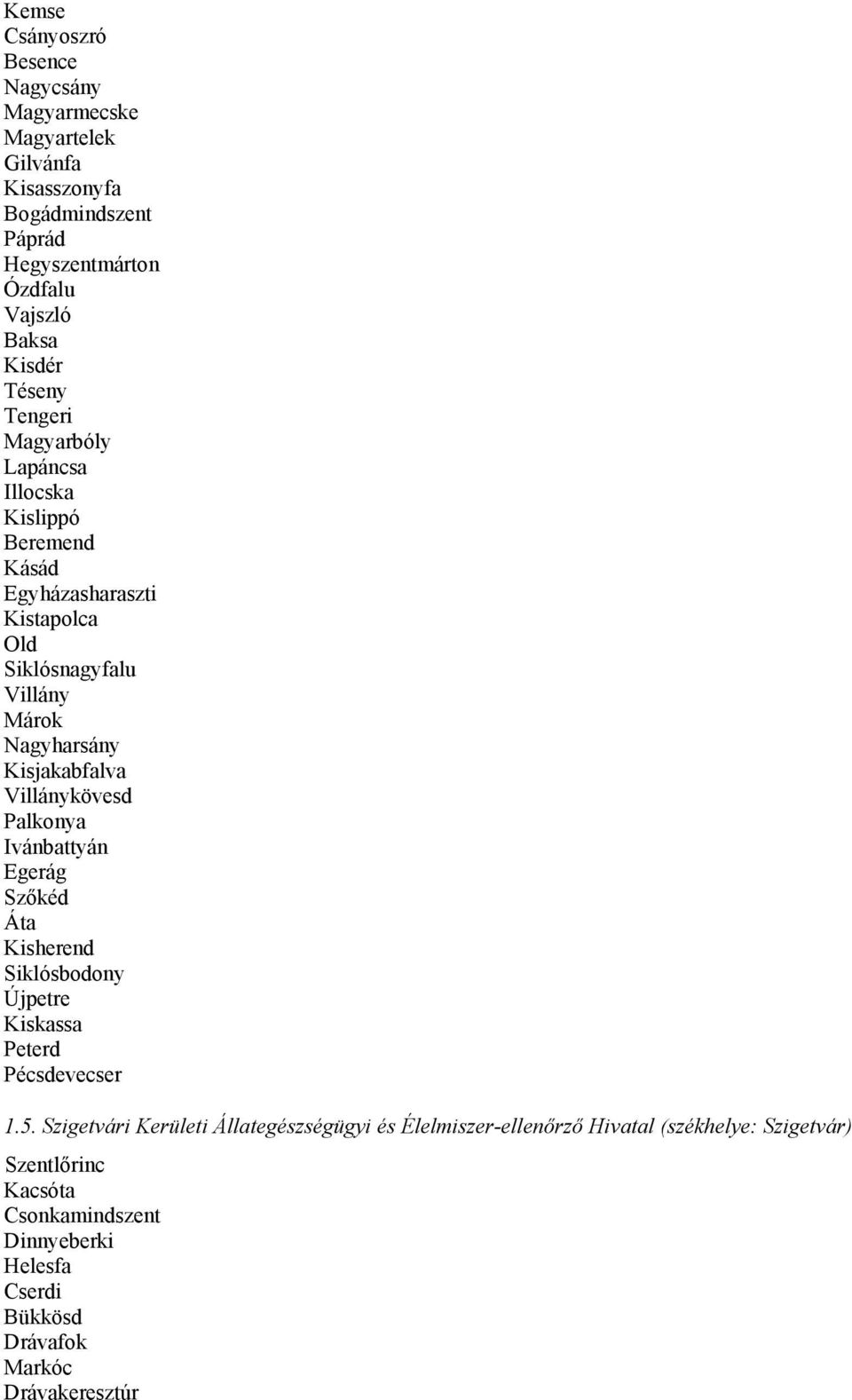 Kisjakabfalva Villánykövesd Palkonya Ivánbattyán Egerág Szőkéd Áta Kisherend Siklósbodony Újpetre Kiskassa Peterd Pécsdevecser 1.5.