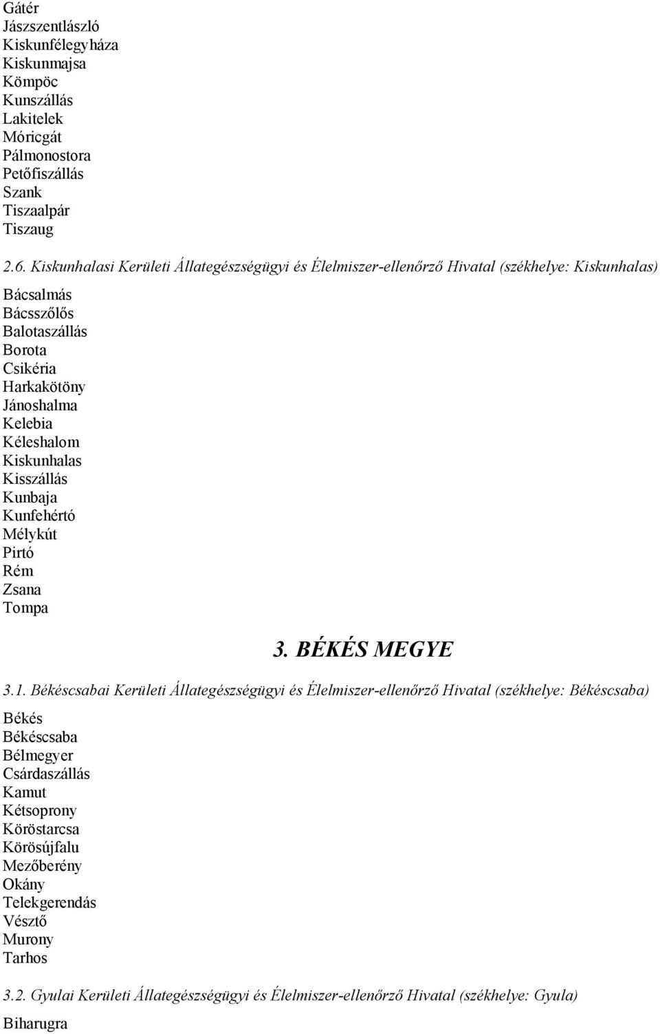 Kéleshalom Kiskunhalas Kisszállás Kunbaja Kunfehértó Mélykút Pirtó Rém Zsana Tompa 3. BÉKÉS MEGYE 3.1.