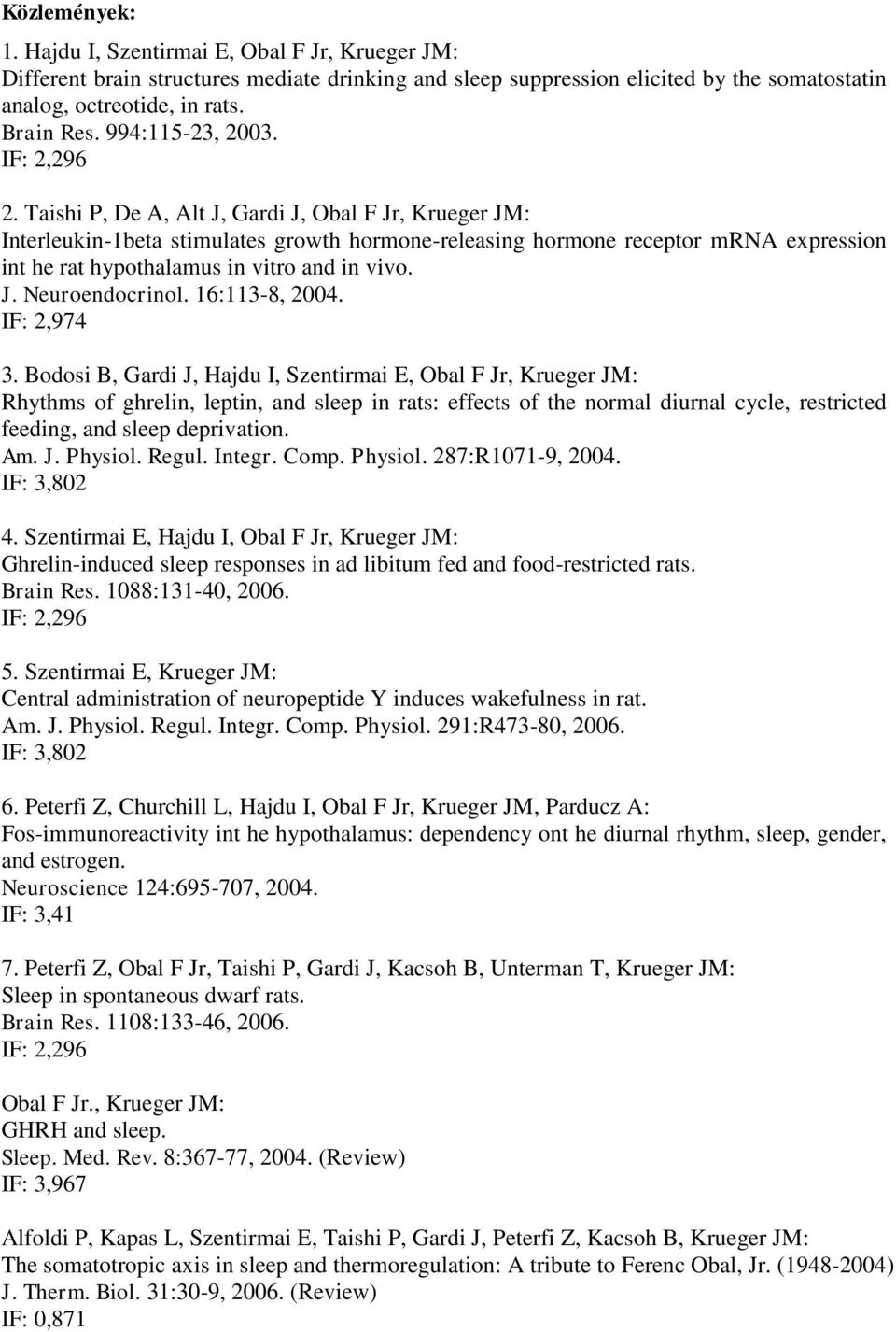 Taishi P, De A, Alt J, Gardi J, Obal F Jr, Krueger JM: Interleukin-1beta stimulates growth hormone-releasing hormone receptor mrna expression int he rat hypothalamus in vitro and in vivo. J. Neuroendocrinol.