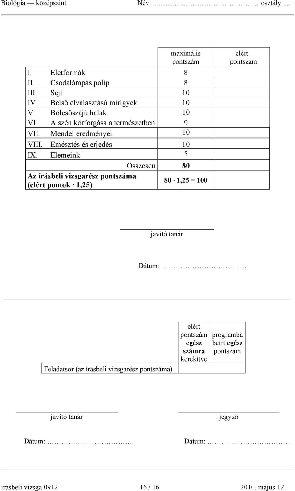 Elemeink 5 Összesen 80 Az írásbeli vizsgarész pontszáma (elért pontok 1,25) 80 1,25 = 100 elért pontszám javító tanár Dátum: Feladatsor