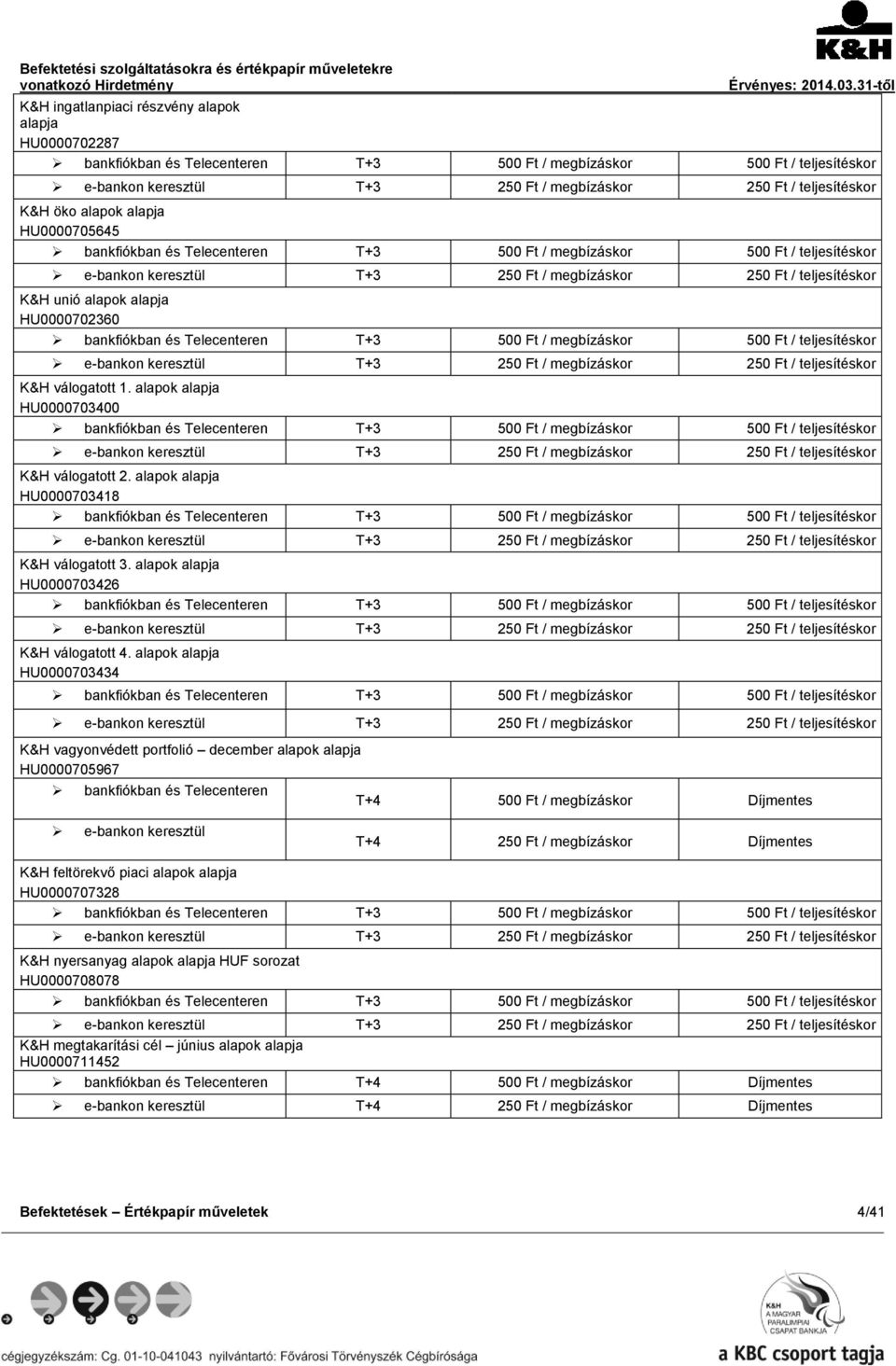 alapja HU0000702360 bankfiókban és Telecenteren T+3 500 Ft / megbízáskor 500 Ft / teljesítéskor e-bankon keresztül T+3 250 Ft / megbízáskor 250 Ft / teljesítéskor K&H válogatott 1.