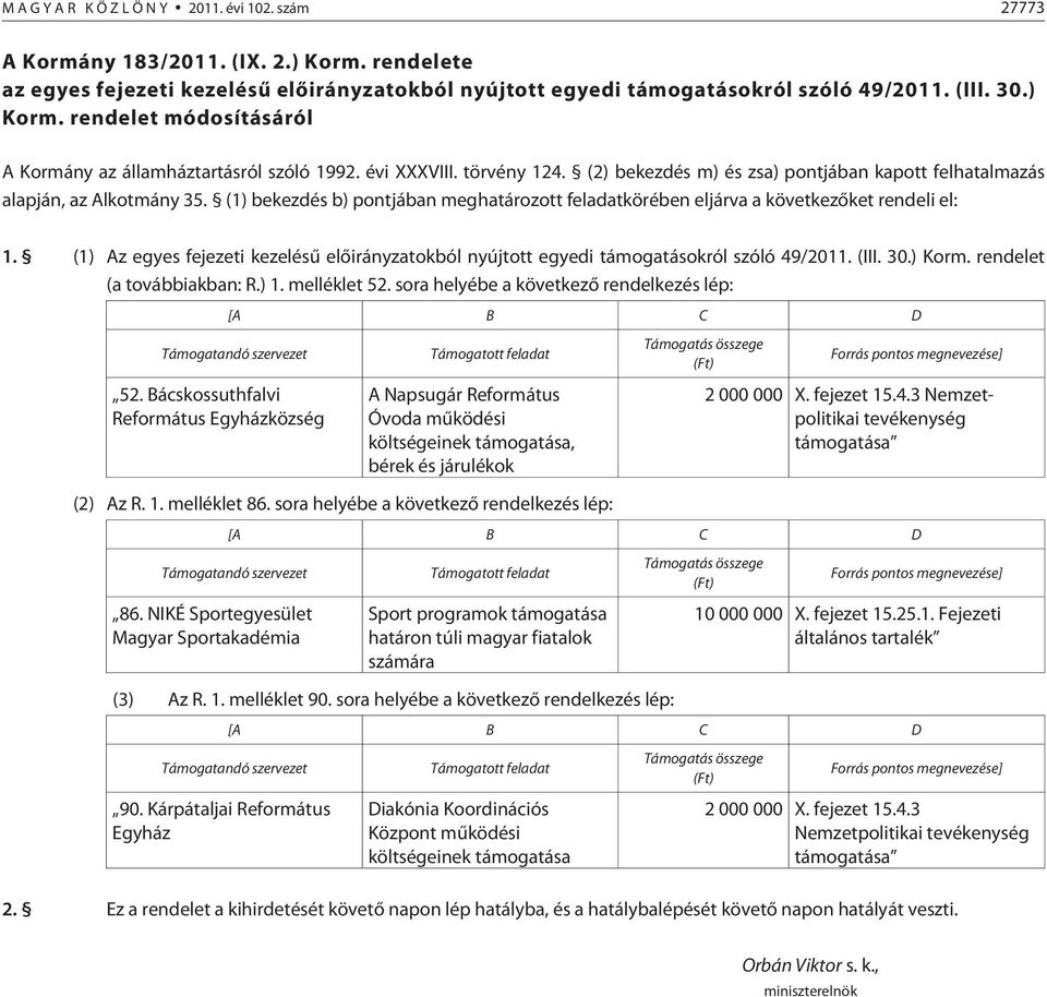 (1) bekezdés b) pontjában meghatározott feladatkörében eljárva a következõket rendeli el: 1. (1) Az egyes fejezeti kezelésû elõirányzatokból nyújtott egyedi támogatásokról szóló 49/2011. (III. 30.