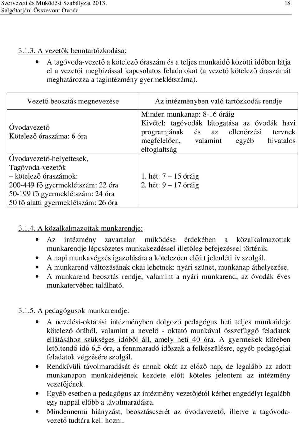 Vezető beosztás megnevezése Óvodavezető Kötelező óraszáma: 6 óra Óvodavezető-helyettesek, Tagóvoda-vezetők kötelező óraszámok: 200-449 fő gyermeklétszám: 22 óra 50-199 fő gyermeklétszám: 24 óra 50 fő