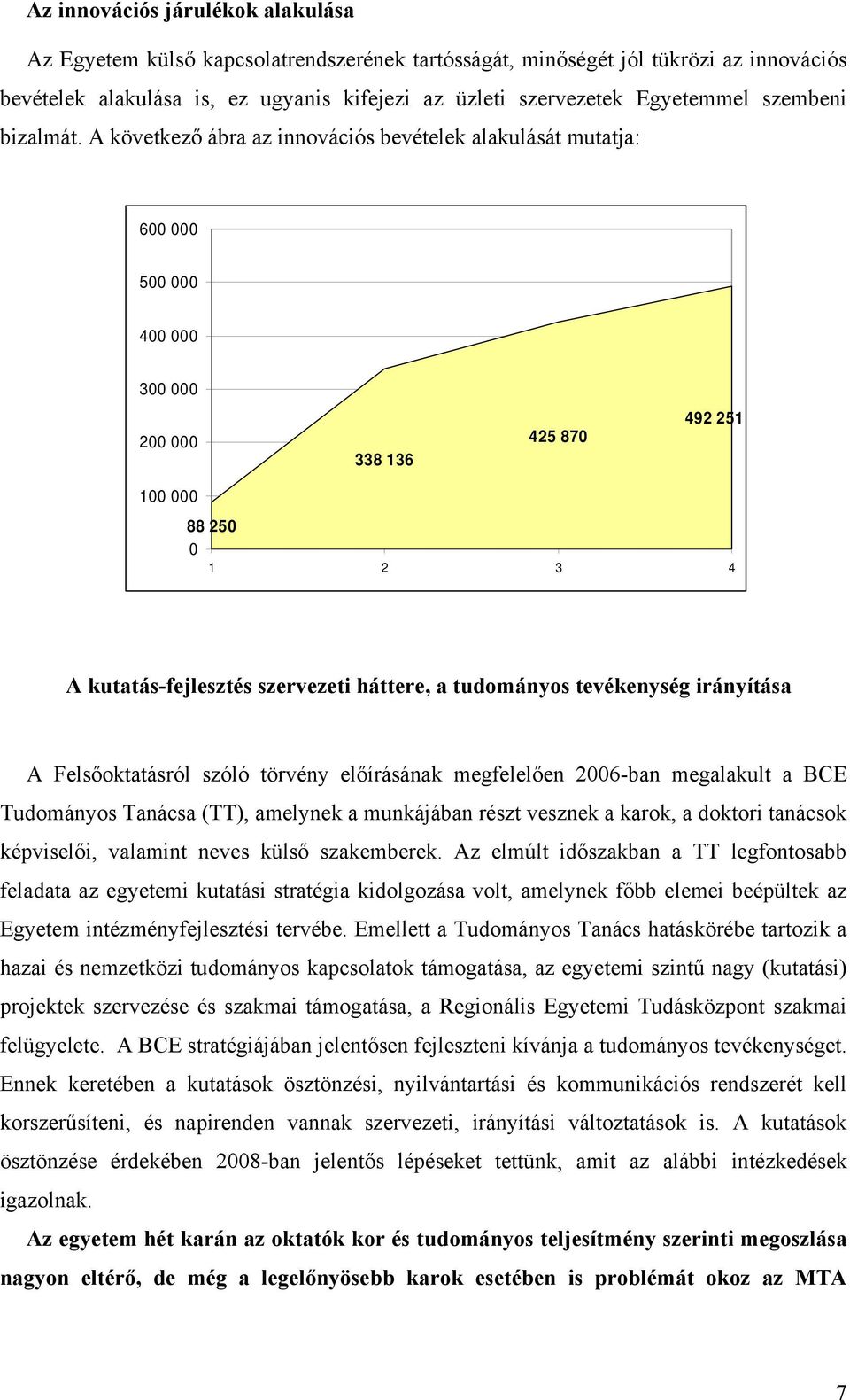 A következő ábra az innovációs bevételek alakulását mutatja: 600 000 500 000 400 000 300 000 200 000 338 136 425 870 492 251 100 000 88 250 0 1 2 3 4 A kutatás-fejlesztés szervezeti háttere, a