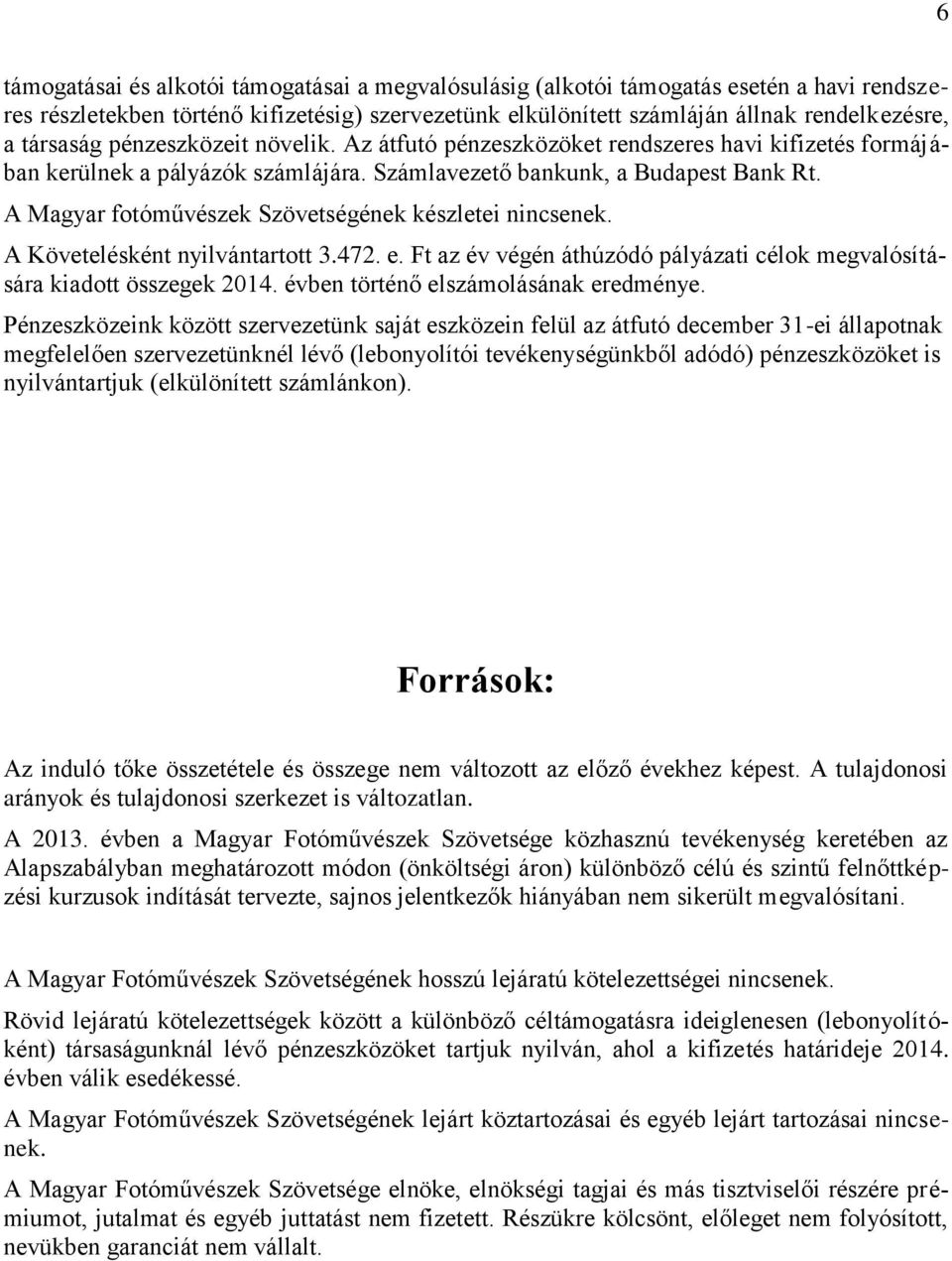 A Magyar fotóművészek Szövetségének készletei nincsenek. A Követelésként nyilvántartott 3.472. e. Ft az év végén áthúzódó pályázati célok megvalósítására kiadott összegek 2014.