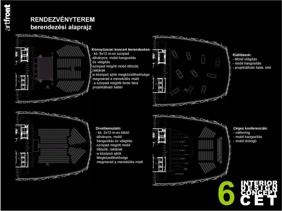 menekülés miatt - a színpad mögötti ferde falra projektálható háttér Kiállítások: - Mobil világítás - mobil hangosítás - projektálható falak, tető