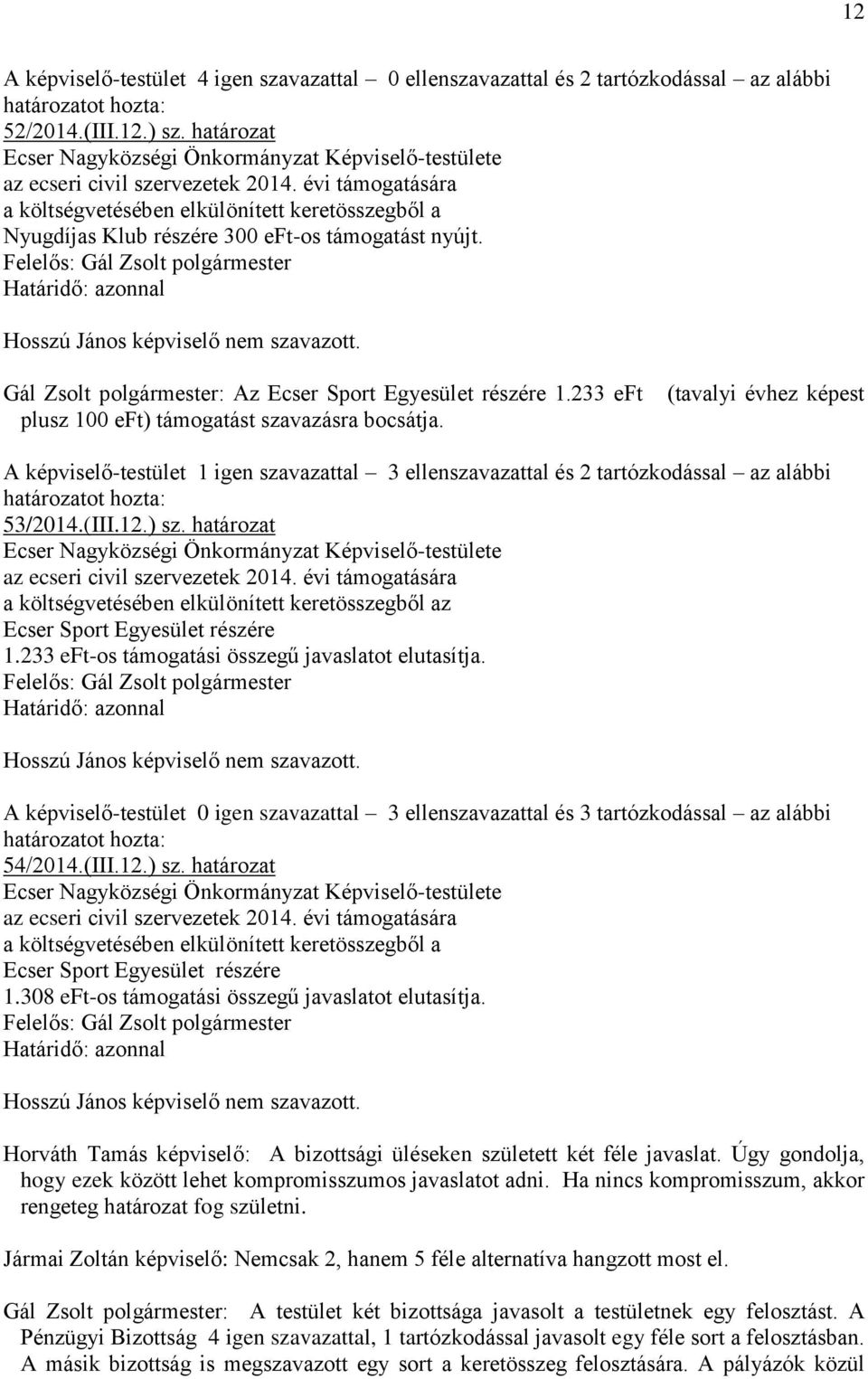 (tavalyi évhez képest A képviselő-testület 1 igen szavazattal 3 ellenszavazattal és 2 tartózkodással az alábbi 53/2014.(III.12.) sz. határozat z Ecser Sport Egyesület részére 1.