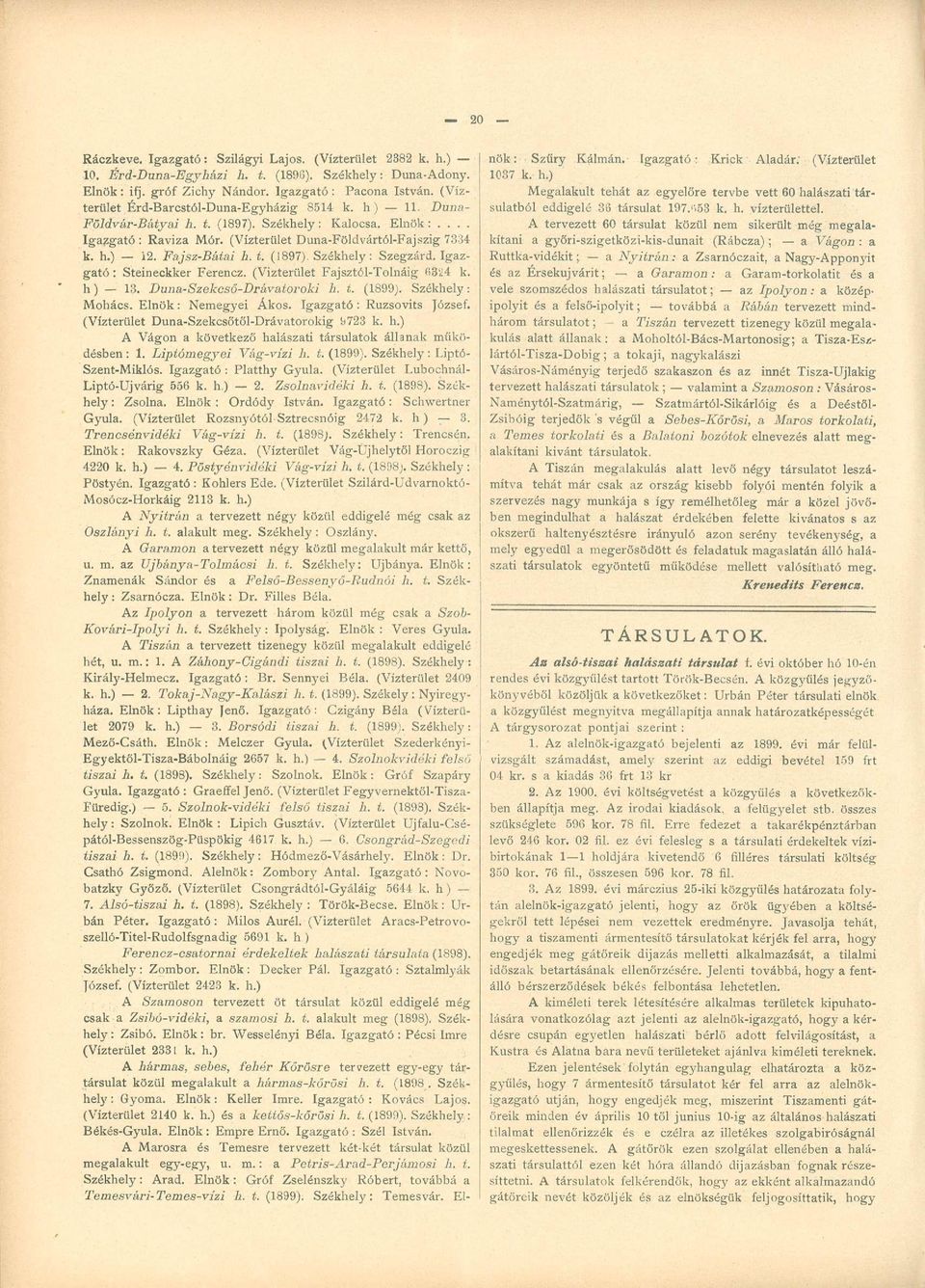Fajsz-Bátai h. t. (1897). Székhely: Szegzárd. Igazgató : Steineckker Ferencz. (Vízterület Fajsztól-Tolnáig (i3'24 k. h) 13. Duna-Szekcső-Drávatoroki h. t. (1899). Székhely: Mohács.