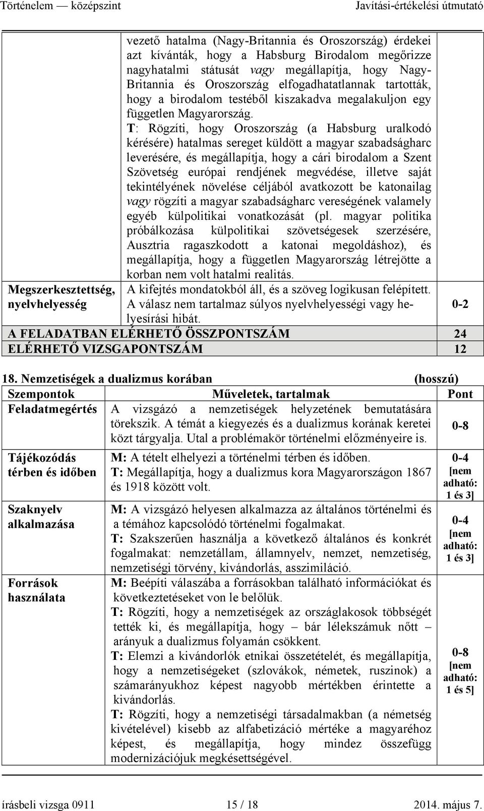 T: Rögzíti, hogy Oroszország (a Habsburg uralkodó kérésére) hatalmas sereget küldött a magyar szabadságharc leverésére, és megállapítja, hogy a cári birodalom a Szent Szövetség európai rendjének