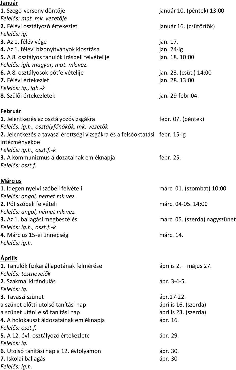 13:00, igh.-k 8. Szülői értekezletek jan. 29-febr.04. Február 1. Jelentkezés az osztályozóvizsgákra febr. 07. (péntek), osztályfőnökök, mk.-vezetők 2.