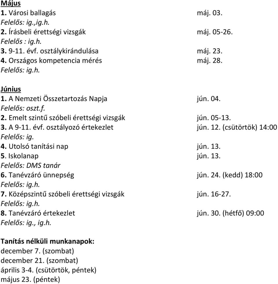 (csütörtök) 14:00 4. Utolsó tanítási nap jún. 13. 5. Iskolanap jún. 13. Felelős: DMS tanár 6. Tanévzáró ünnepség jún. 24. (kedd) 18:00 7.