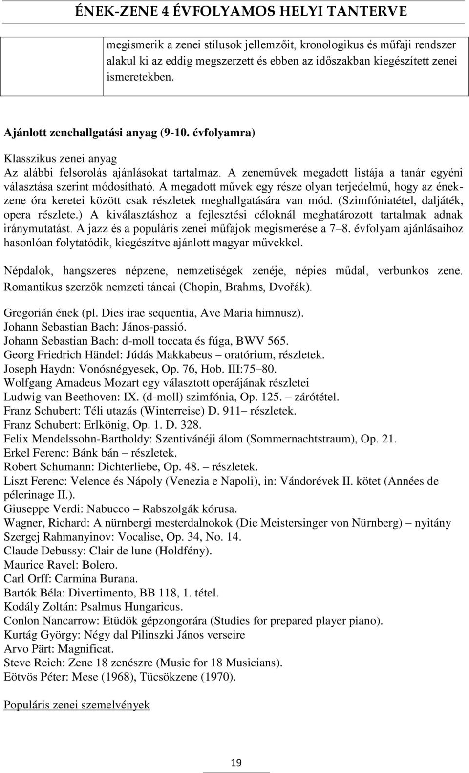 A megadott művek egy része olyan terjedelmű, hogy az énekzene óra keretei között csak részletek meghallgatására van mód. (Szimfóniatétel, daljáték, opera részlete.