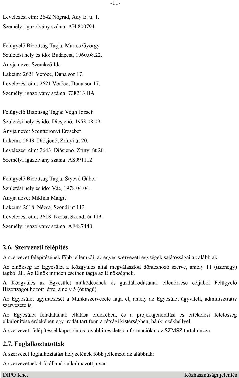 Személyi igazolvány száma: 738213 HA Felügyelő Bizottság Tagja: Végh József Születési hely és idő: Diósjenő, 1953.08.09. Anyja neve: Szenttoronyi Erzsébet Lakcím: 2643 Diósjenő, Zrínyi út 20.