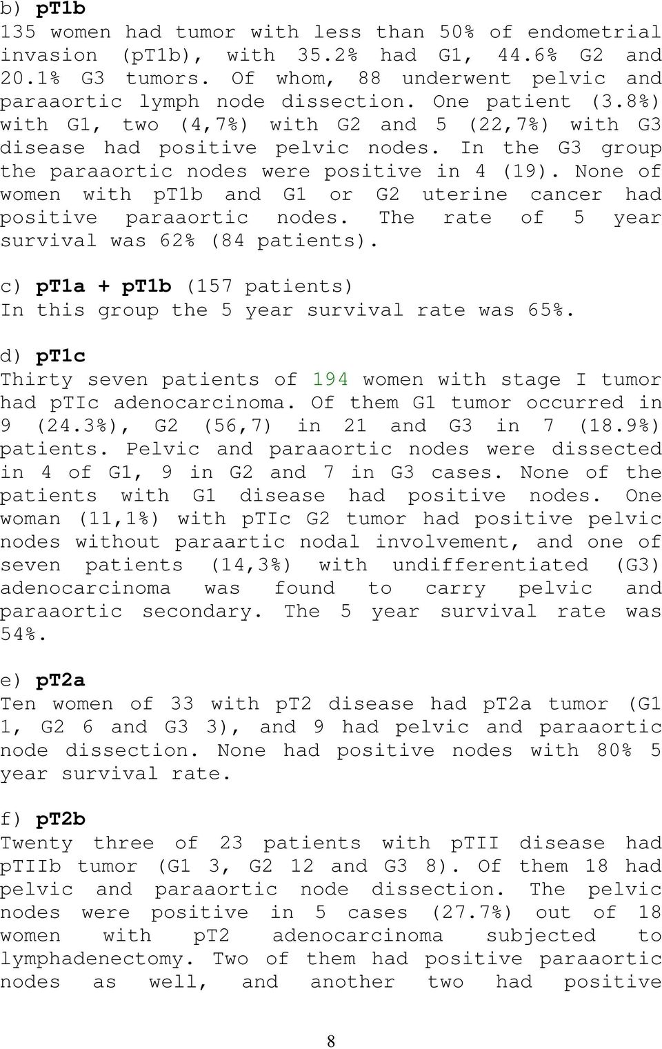 None of women with pt1b and G1 or G2 uterine cancer had positive paraaortic nodes. The rate of 5 year survival was 62% (84 patients).