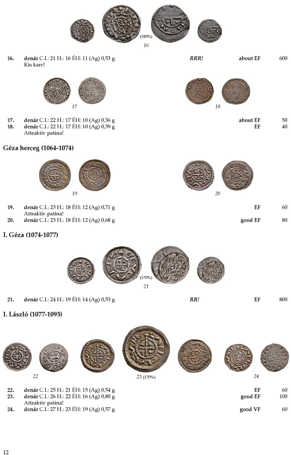 Géza (1074-1077) (170%) 21 21. denár C.I.: 24 H.: 19 ÉH: 14 (Ag) 0,53 g RR! EF 800 I. László (1077-1095) 22 23 (170%) 24 22. denár C.I.: 25 H.