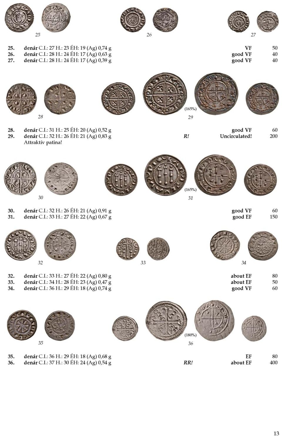 denár C.I.: 33 H.: 27 ÉH: 22 (Ag) 0,67 g good EF 150 32 33 34 32. denár C.I.: 33 H.: 27 ÉH: 22 (Ag) 0,80 g about EF 80 33. denár C.I.: 34 H.: 28 ÉH: 23 (Ag) 0,47 g about EF 50 34. denár C.I.: 36 H.