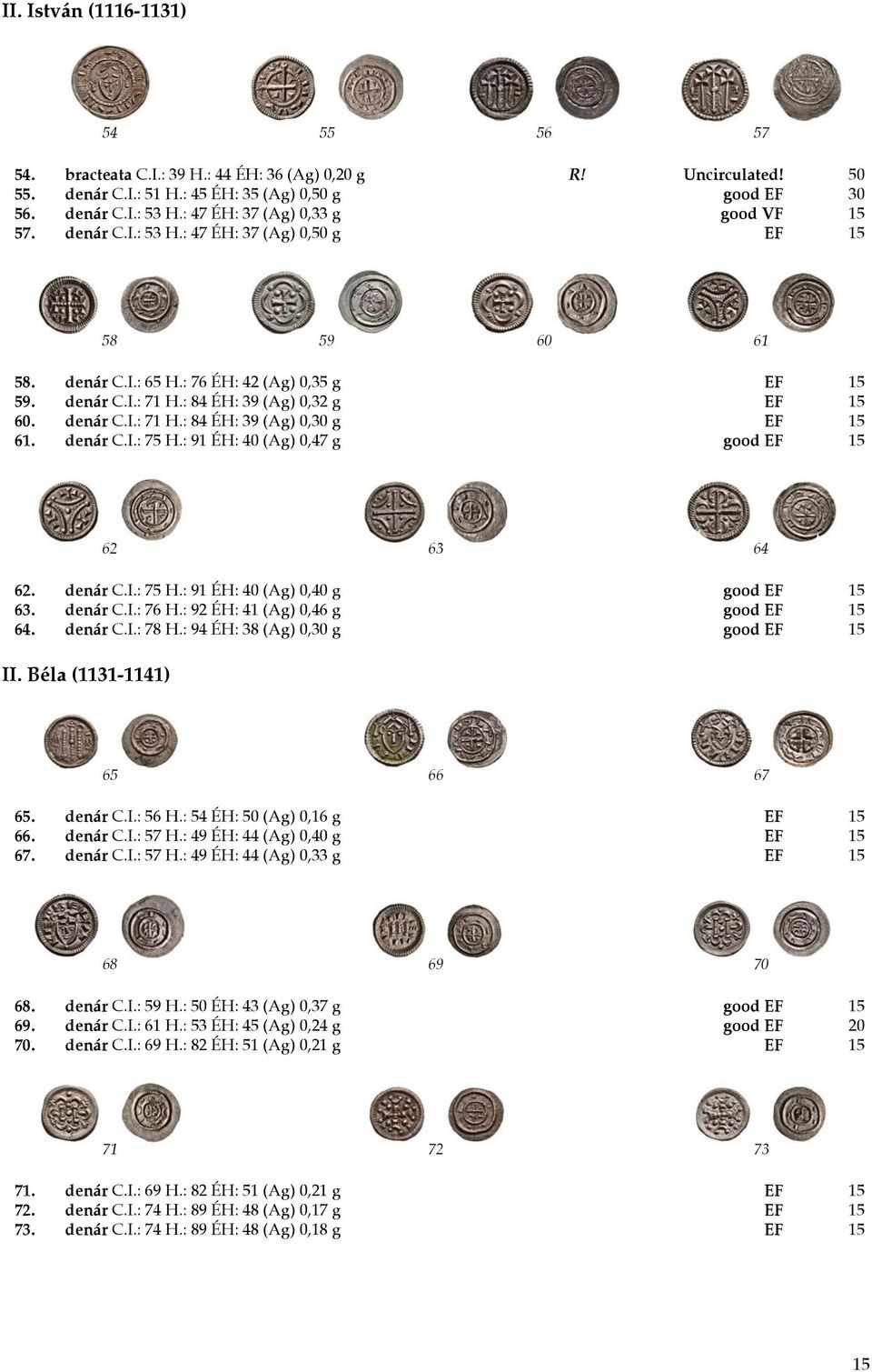 : 84 ÉH: 39 (Ag) 0,32 g EF 15 60. denár C.I.: 71 H.: 84 ÉH: 39 (Ag) 0,30 g EF 15 61. denár C.I.: 75 H.: 91 ÉH: 40 (Ag) 0,47 g good EF 15 62 63 64 62. denár C.I.: 75 H.: 91 ÉH: 40 (Ag) 0,40 g good EF 15 63.