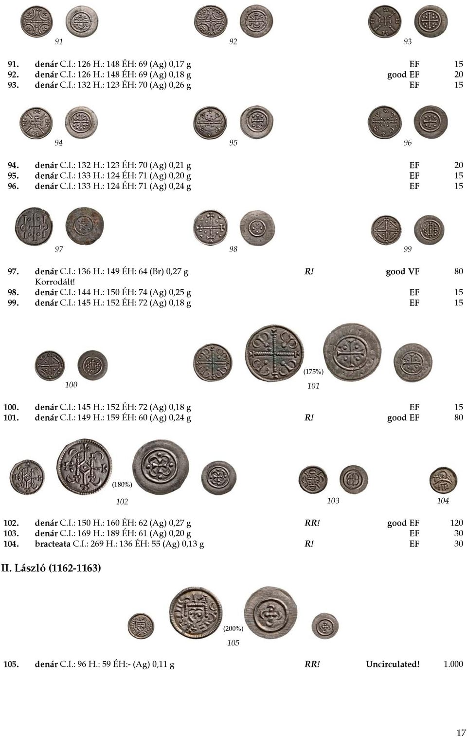 : 150 ÉH: 74 (Ag) 0,25 g EF 15 99. denár C.I.: 145 H.: 152 ÉH: 72 (Ag) 0,18 g EF 15 (175%) 100 101 100. denár C.I.: 145 H.: 152 ÉH: 72 (Ag) 0,18 g EF 15 101. denár C.I.: 149 H.