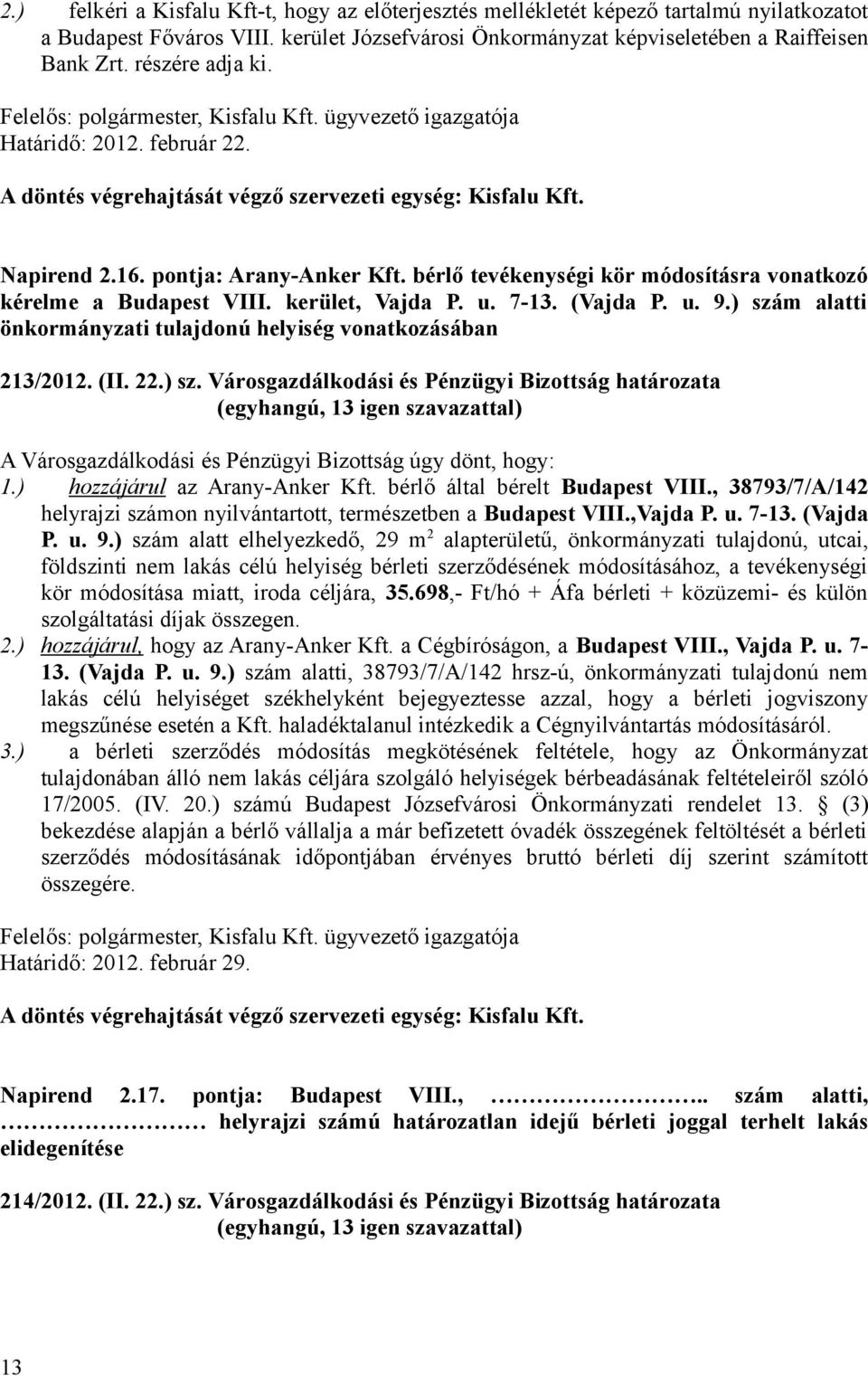 ) szám alatti önkormányzati tulajdonú helyiség vonatkozásában 213/2012. (II. 22.) sz. Városgazdálkodási és Pénzügyi Bizottság határozata A Városgazdálkodási és Pénzügyi Bizottság úgy dönt, hogy: 1.