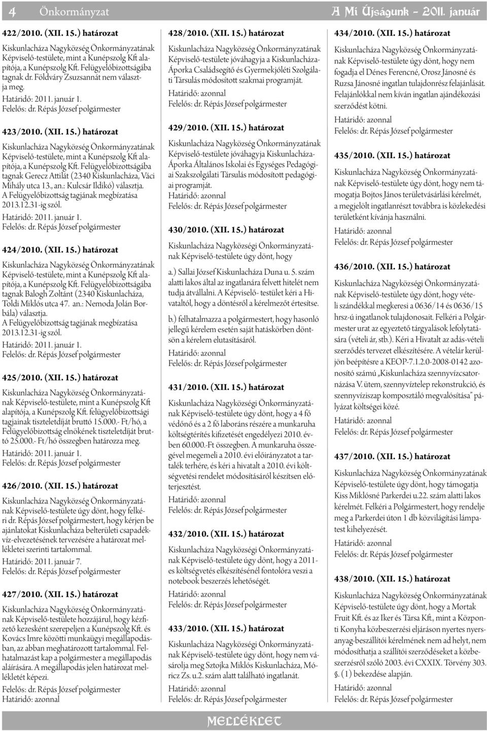 Felügyelőbizottságába tagnak Gerecz Attilát (2340 Kiskunlacháza, Váci Mihály utca 13., an.: Kulcsár Ildikó) választja. A Felügyelőbizottság tagjának megbízatása 2013.12.31-ig szól. Határidő: 2011.