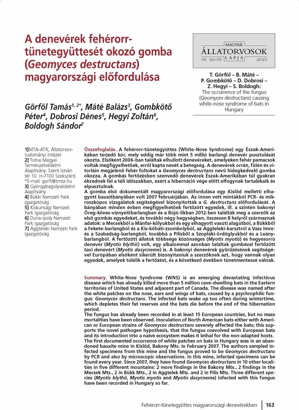 Boldogh: The occurrence of the fungus (Geomyces destructans) causing white-nose syndrome of bats in Hungary 1]M TA-ATK, Á llato rvo s tudom ányi Intézet 2] Tolna M egyei Term észetvédelm i A