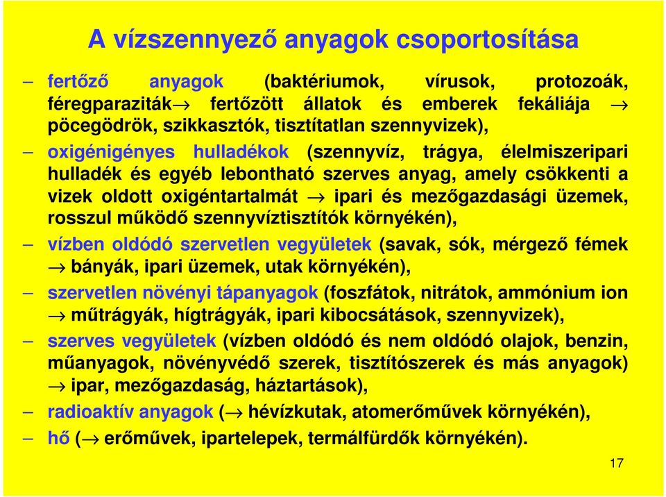 szennyvíztisztítók környékén), vízben oldódó szervetlen vegyületek (savak, sók, mérgező fémek bányák, ipari üzemek, utak környékén), szervetlen növényi tápanyagok (foszfátok, nitrátok, ammónium ion