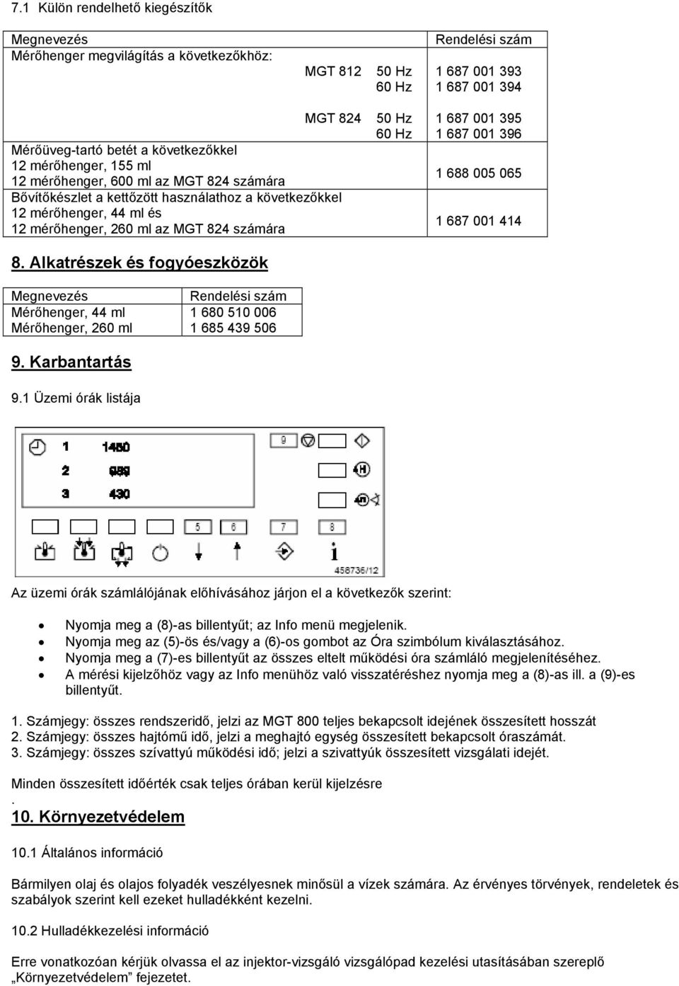 Alkatrészek és fogyóeszközök 50 Hz 60 Hz 1 687 001 395 1 687 001 396 1 688 005 065 1 687 001 414 Megnevezés Mérőhenger, 44 ml Mérőhenger, 260 ml Rendelési szám 1 680 510 006 1 685 439 506 9.