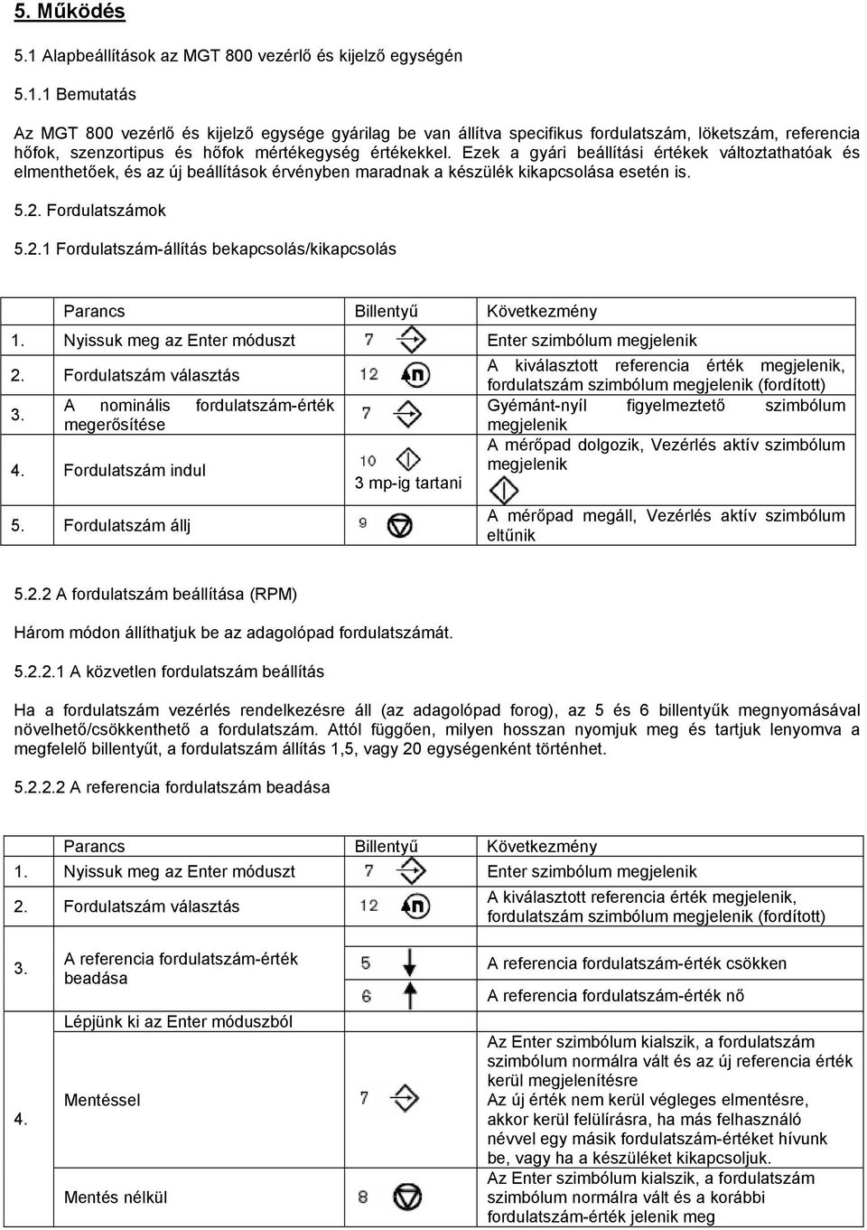 Fordulatszámok 5.2.1 Fordulatszám-állítás bekapcsolás/kikapcsolás Parancs Billentyű Következmény 1. Nyissuk meg az Enter móduszt Enter szimbólum megjelenik 2. Fordulatszám választás 3.