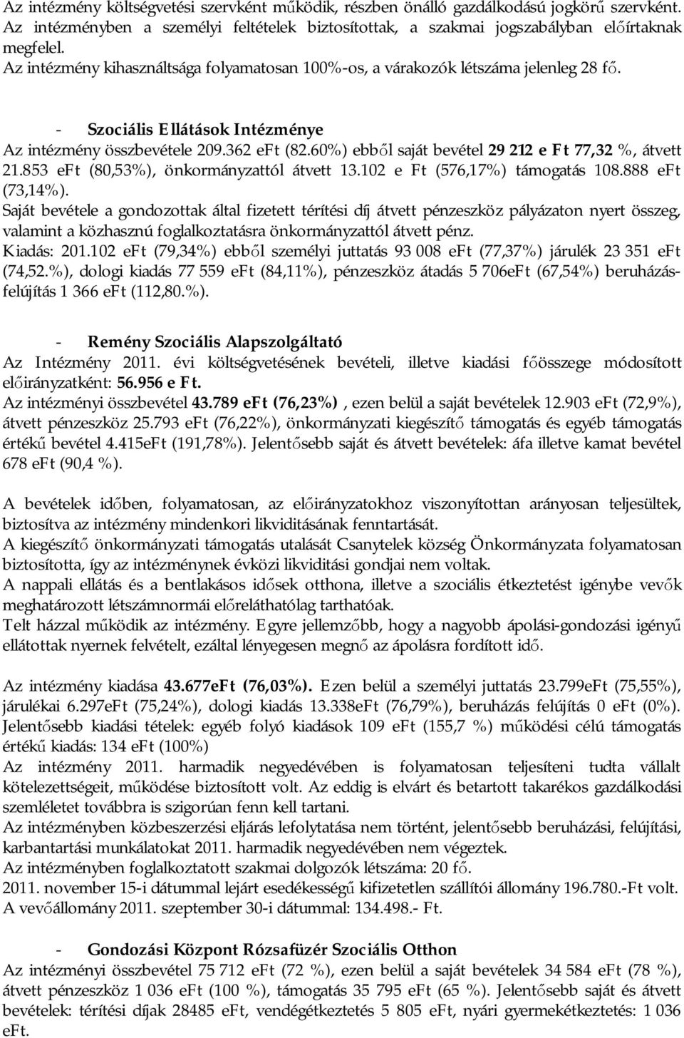 60%) ebb l saját bevétel 29 212 e Ft 77,32 %, átvett 21.853 eft (80,53%), önkormányzattól átvett 13.102 e Ft (576,17%) támogatás 108.888 eft (73,14%).