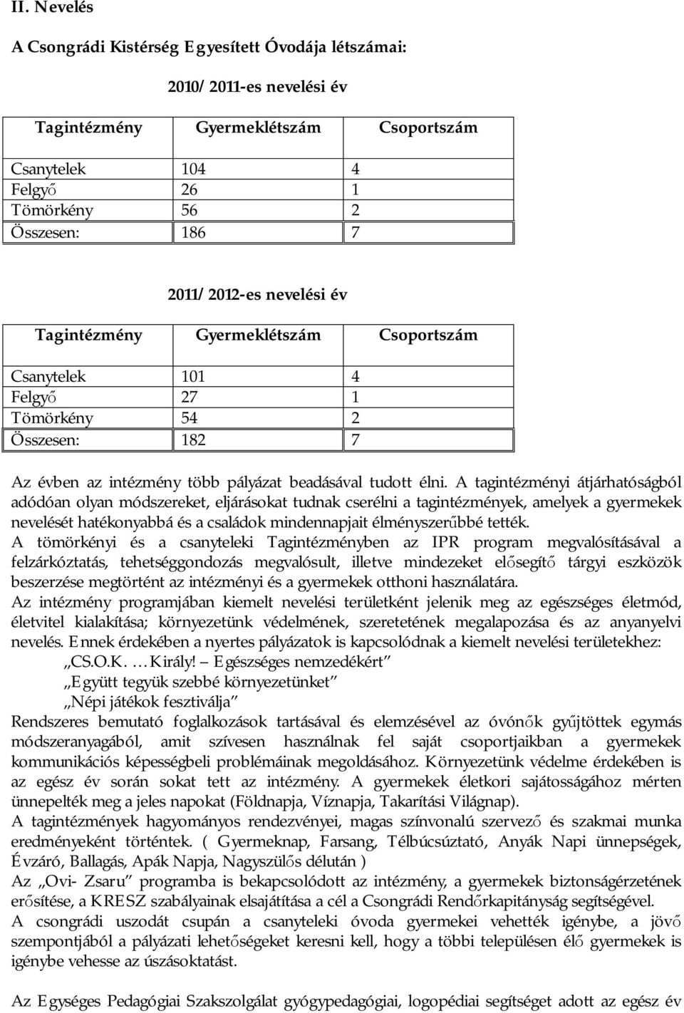 A tagintézményi átjárhatóságból adódóan olyan módszereket, eljárásokat tudnak cserélni a tagintézmények, amelyek a gyermekek nevelését hatékonyabbá és a családok mindennapjait élményszer bbé tették.