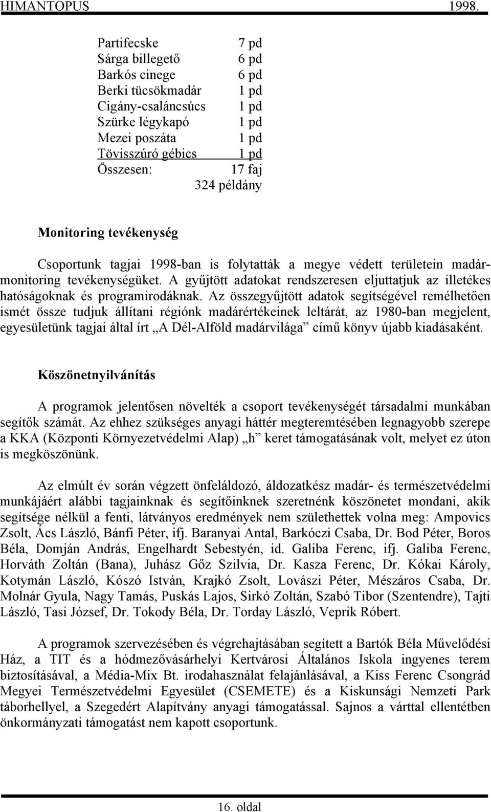 Monitoring tevékenység Csoportunk tagjai 1998-ban is folytatták a megye védett területein madármonitoring tevékenységüket.