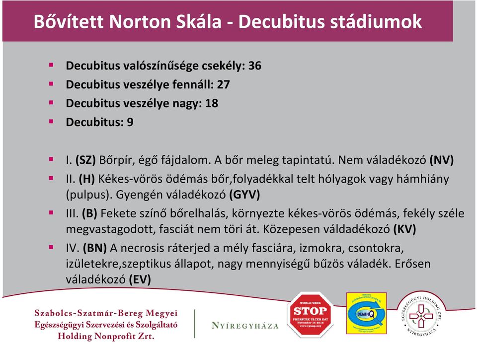 Gyengén váladékozó (GYV) III. (B) Fekete színő bőrelhalás, környezte kékes vörös ödémás, fekély széle megvastagodott, fasciát nem töri át.