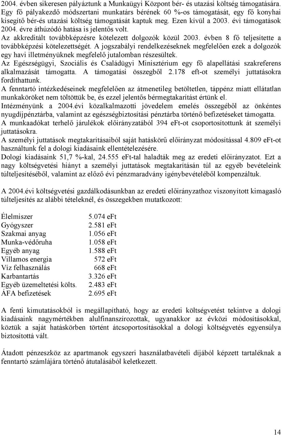 évre áthúzódó hatása is jelentős volt. Az akkreditált továbbképzésre kötelezett dolgozók közül 2003. évben 8 fő teljesítette a továbbképzési kötelezettségét.