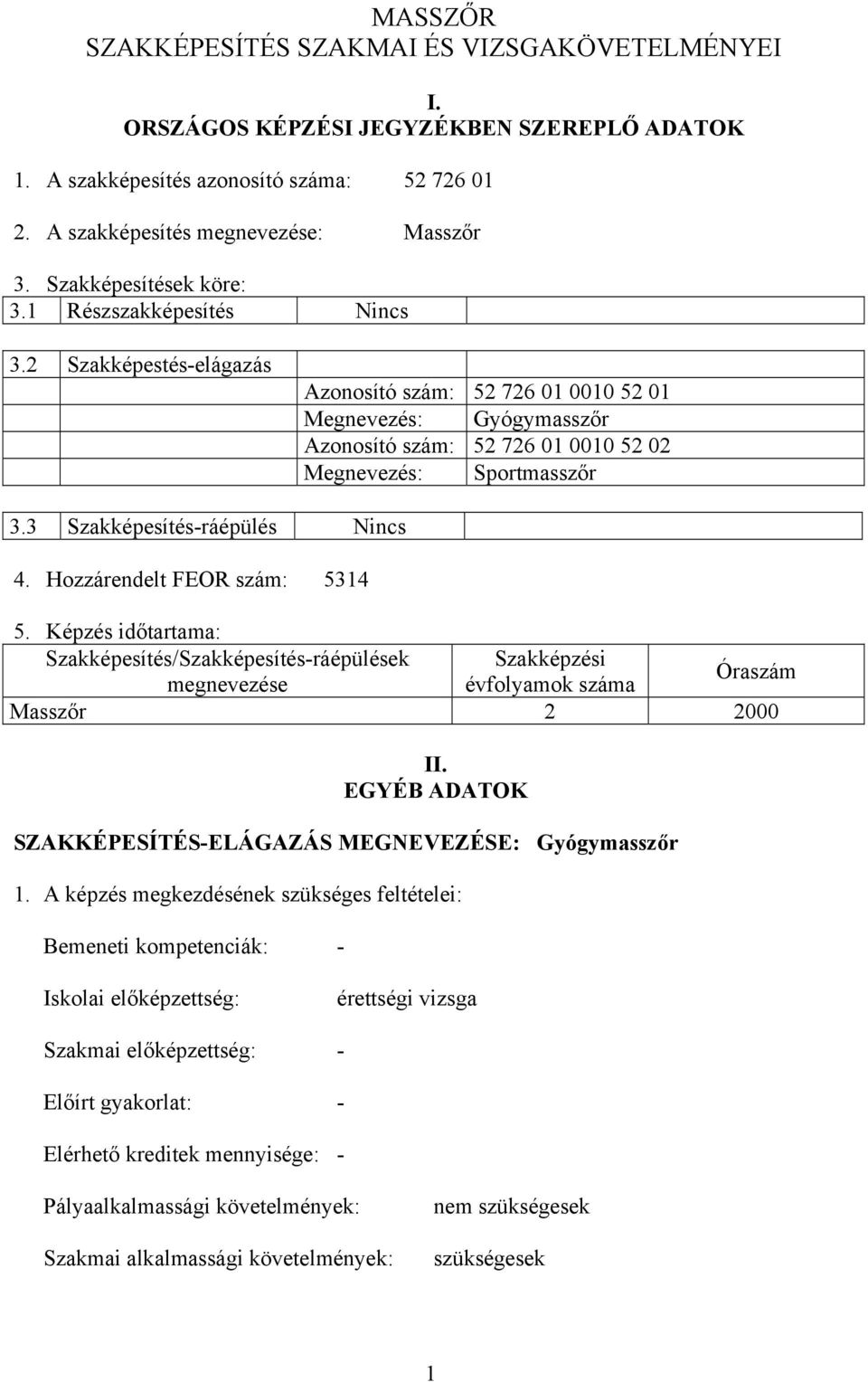 2 Szakképestés-elágazás Azonosító szám: 52 726 01 0010 52 01 Megnevezés: Gyógymasszőr Azonosító szám: 52 726 01 0010 52 02 Megnevezés: Sportmasszőr 3.3 Szakképesítés-ráépülés Nincs 4.